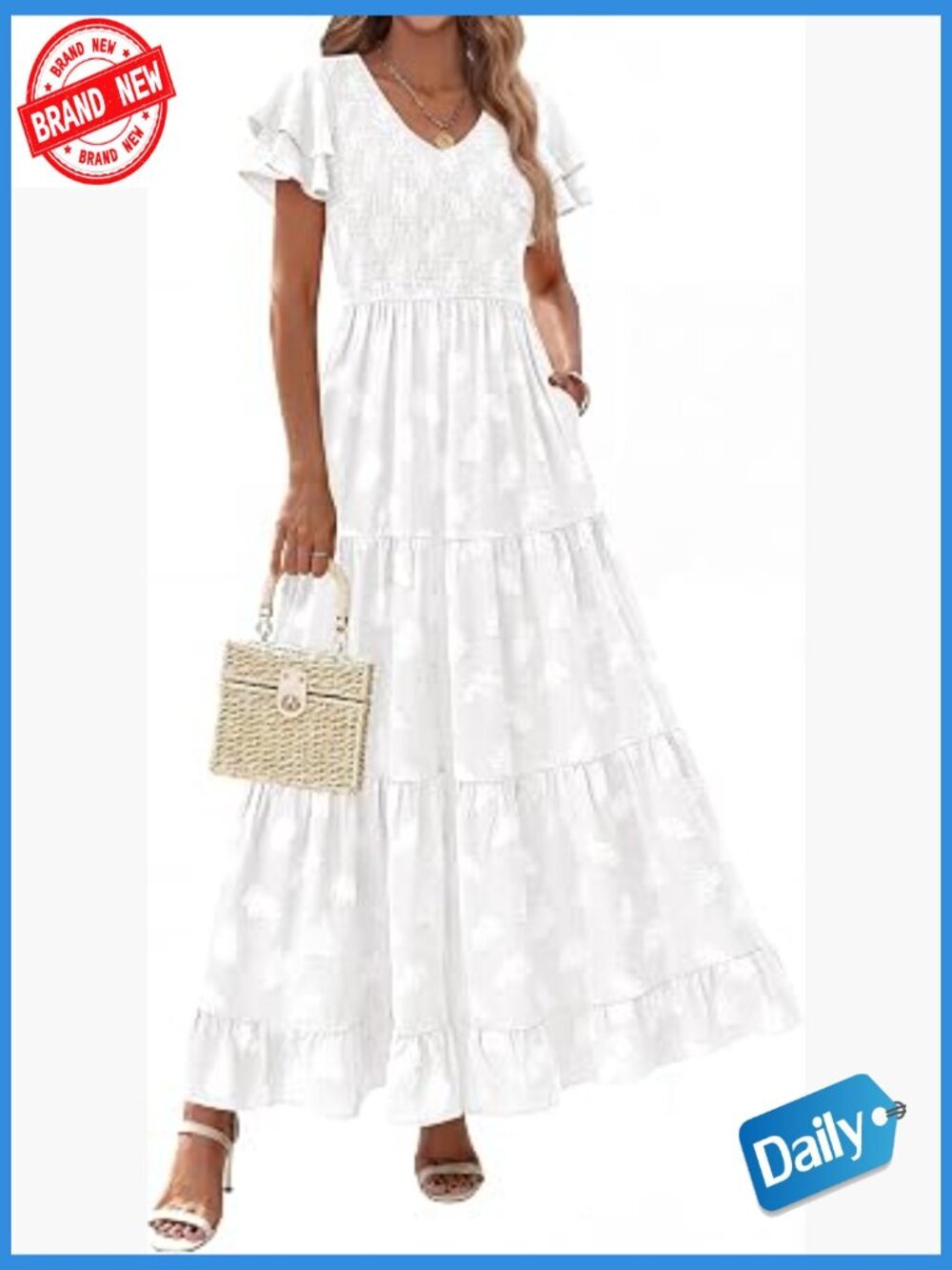 Maxi Dress Smocked V Neck Ruffle Sleeve Boho Tiered Sundress Spring